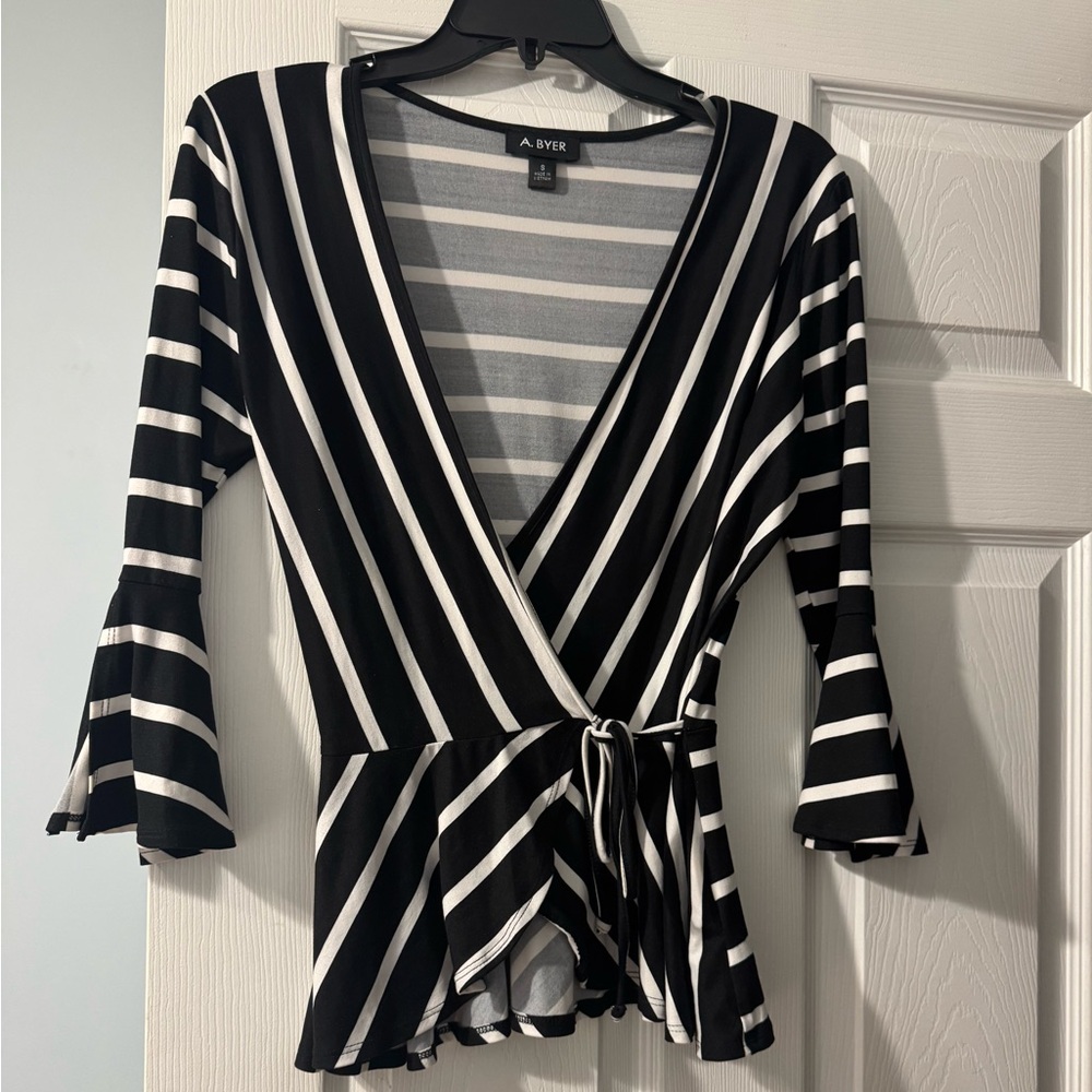 A. Byer Black and White Striped Wrap Blouse